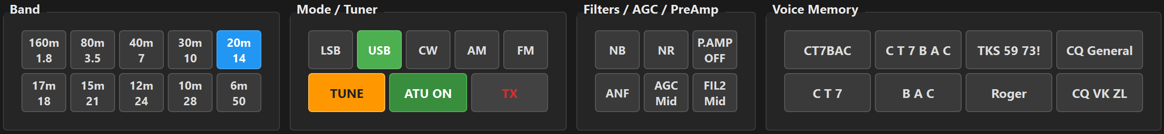 Radio controls row showing band buttons, mode buttons, tuner, filter matrix, and voice memory buttons