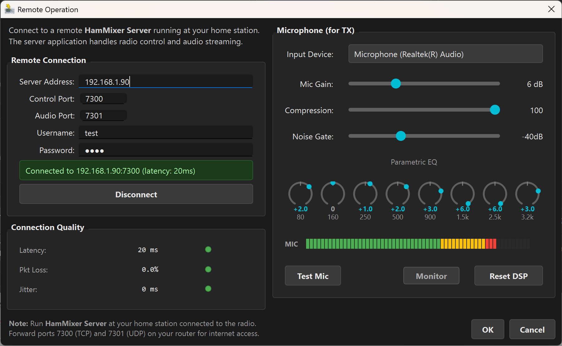 Remote Operation dialog showing server connection fields on the left and mic DSP controls on the right