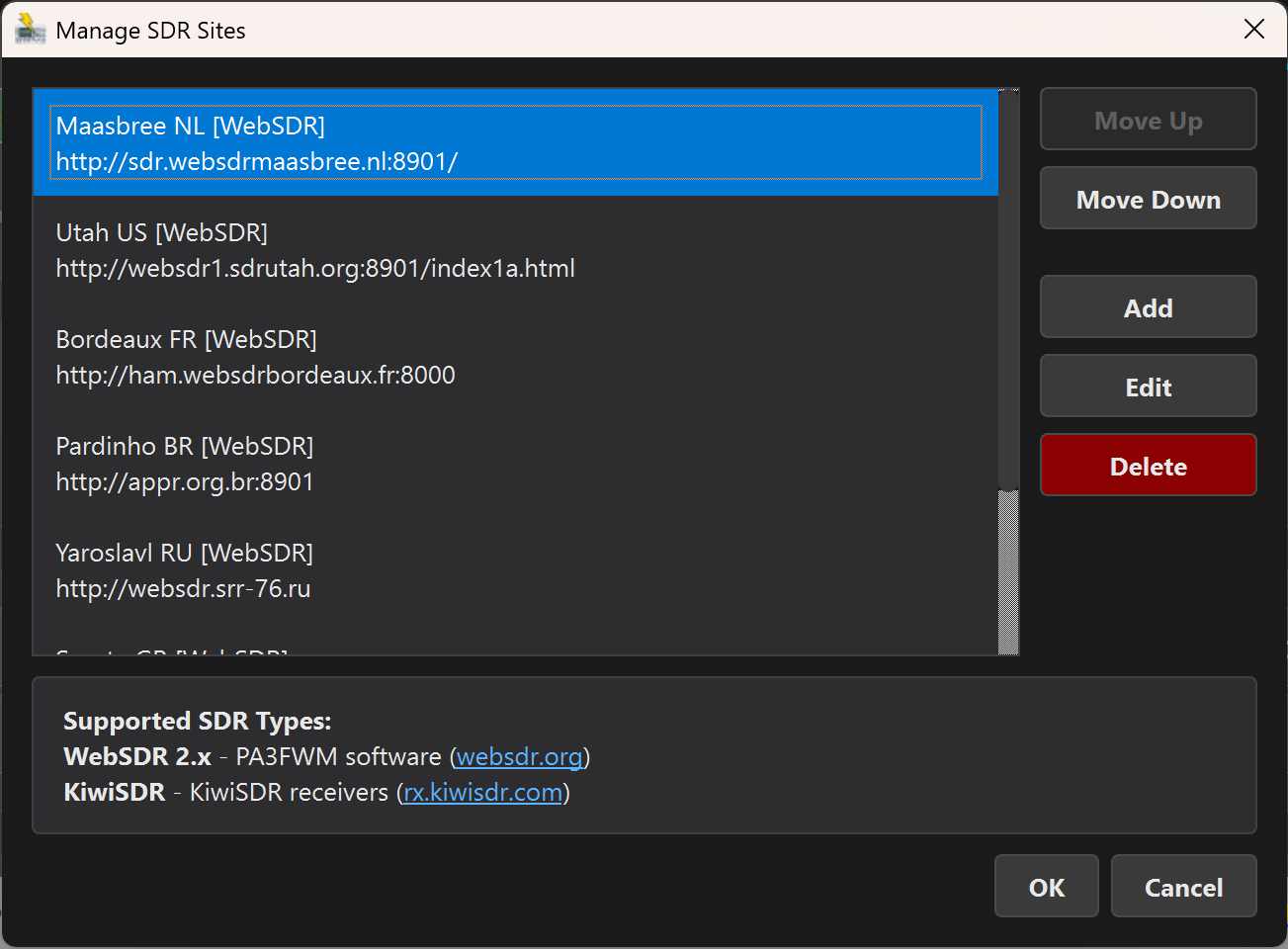 Manage SDR Sites dialog showing a list of WebSDR and KiwiSDR sites with type tags